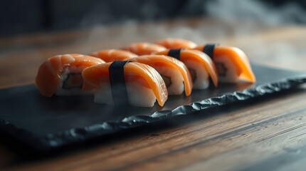 A cinematic close-up showcasing a minimalist arrangement of salmon sushi on a slate plate