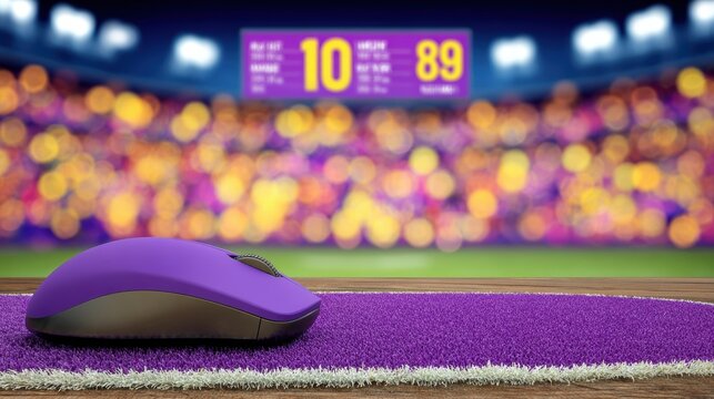 A purple computer mouse on a mousepad sits in front of a stadium with a scoreboard showing a score of 10 to 89