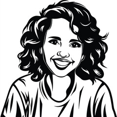 Line art portrays a smiling woman with wavy hair wearing a tee shirt