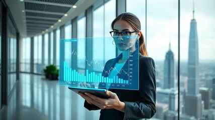 Confident businesswoman analyzing financial data on a tablet, modern office setting, city view - Powered by Adobe