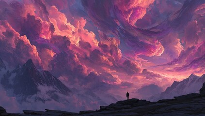 A solitary figure stands on a rocky outcrop, gazing at a vibrant sunset sky filled with dramatic, swirling clouds. Mountain peaks, covered in snow, frame the scene