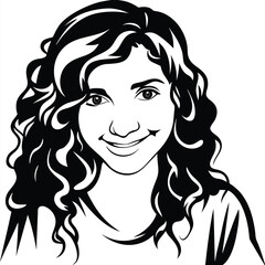 Beautiful young woman with curly hair smiles gently in this striking black and white portrait