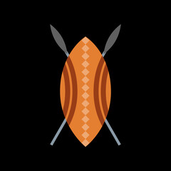 African spear and shield flat icon isolated on black background