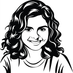 Cheerful young girl smiles brightly with her curly hair in this black and white vector
