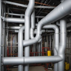 Industrial Interior: Silver Pipes, Extensive Network, Technical Systems, and Infrastructure