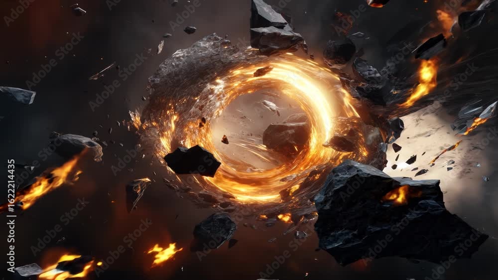 Poster abstract explosion in space with rocks and stones burst in flame, sci-fi and technology background