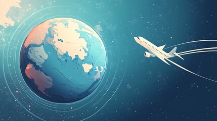 Airplane Flying Around The World Globe In Space Travel Concept Illustration