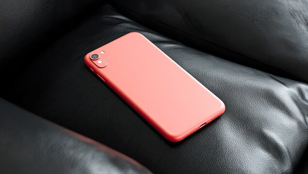 Coral-colored phone resting on black leather