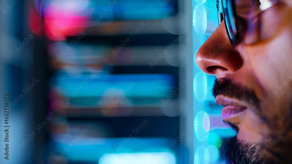 Poster a focused businessman intensely analyzes data displayed on a computer screen. the scene illustrates 