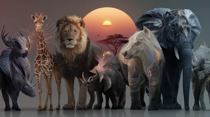  Animals. Vector flat illustrations of giraffe, elephant, monkey, tiger, lion, zebra, eagle, tree, savanna. African flora and fauna drawings for poster or background © Hikmet