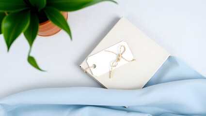 A top-down view of a light-colored gift box tied with simple twine and featuring a blank tag. The gift is partially wrapped in a soft blue fabric.