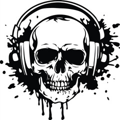 Black and white skull with headphones shows a stylized dripping paint aesthetic