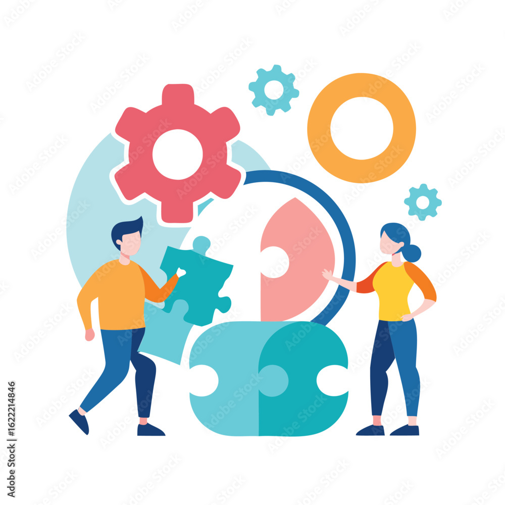 Poster art of teamwork and puzzle solving for business strategy isolated on white background