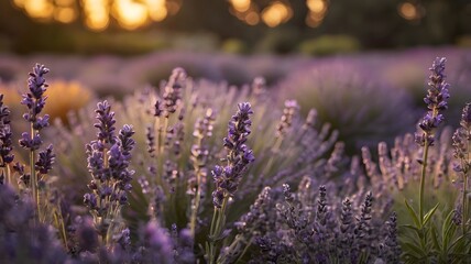 A close-up shot of a blooming lavender field. Some flowers are in sharp focus, while others are blurred. The sunset is visible in the background.