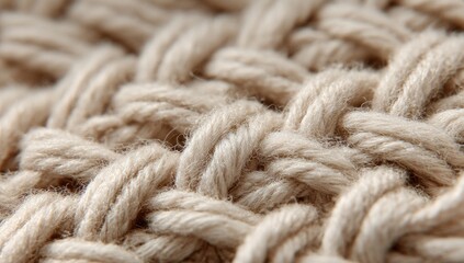 Close-up view of a beige knitted fabric, showcasing the intricate weave pattern