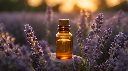 A small amber glass bottle with a cork stopper containing lavender oil is placed on a rock amidst a lavender field. Sunset light illuminates the scene.