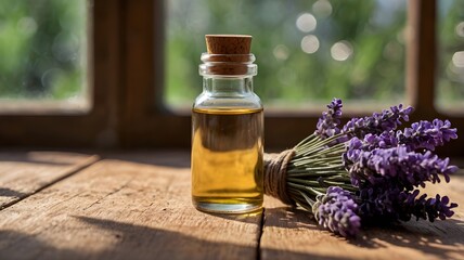  A clear glass bottle with a cork stopper, containing lavender oil, sits next to a bouquet of fresh lavender on a wooden table. A blurred window is in the background.