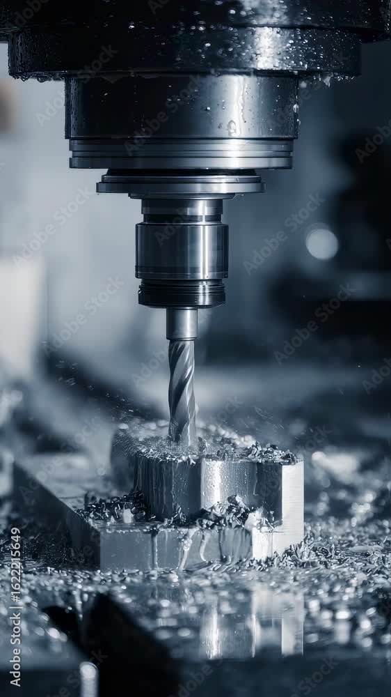 Poster closeup of a cnc milling machine actively shaping a metal component emphasizing the intricate swarf 