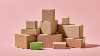 Stacked cardboard boxes of various sizes against a pink background. A small, light green object sits amongst them
