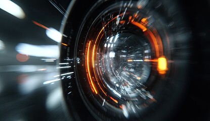 Abstract digital lens with swirling, glowing rings