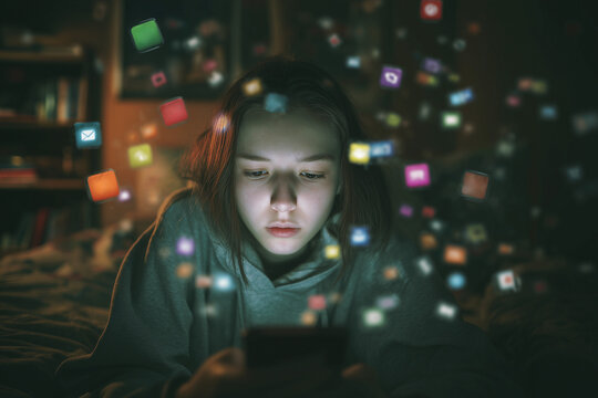 A young girl in a dark room, her face lit by the light from her phone. The risks of cyber danger and the impact of social media platforms on kids and teenagers.	