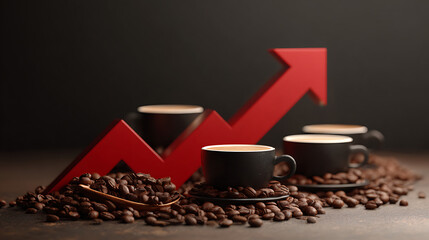 Coffee cups surrounded by coffee beans with a rising graph symbolizing growth and success