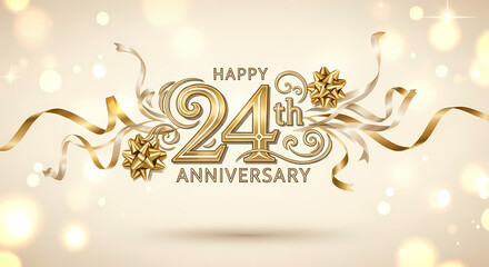 Elegant golden design celebrating a twenty-fourth anniversary with ribbons and bokeh.