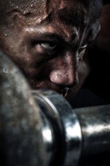 Intense focus of a male bodybuilder lifting weights.