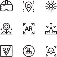 Virtual and augmented reality vector icon set outline icons,editable stroke vr headset,location pin,sun,webcam,ar,view increase,viewer,metaverse,drone