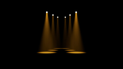 Five Vertical Yellow Spotlights Beaming Down On Dark Background Stage Design