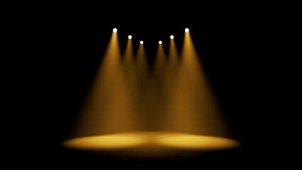 Five Yellow Spotlights Forming Wide Illumination On Stage Background