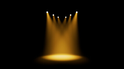 Five Yellow Spotlights Creating Centered Glow On Dark Stage Background
