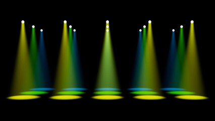 Row Of Yellow And Blue Spotlights Beaming Onto Stage Background