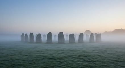 Photograph a prehistoric stone circle in a misty morning field. Emphasize mystery, alignment, and ancient simplicity.

