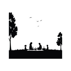 Family picnic silhouette parents kids enjoying outdoor nature trees birds