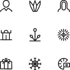 Winter and holiday vector icon set outline style,minimal design snowflake,gift,flower,sunlight,landscape,person,money icon set