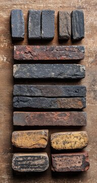 Stacked antique bricks in various colors and shades