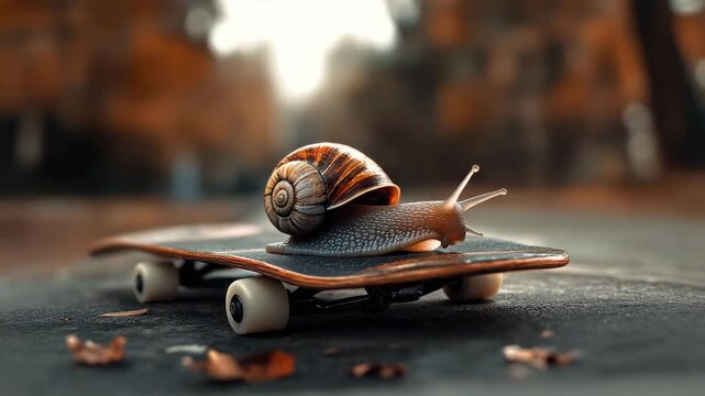 Snail on skateboard in autumn park close up slow animal on wooden board nature scene with warm colors soft light detailed shell texture creative outdoor macro photography background
