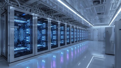 Modern server room with blue lights and reflective floor