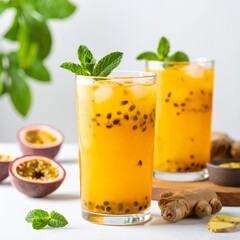 Fototapeta premium Refreshing passion fruit cocktail drink with ginger and mint arrangement on white background