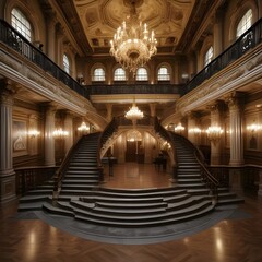 Obraz premium Opulent Grand Foyer with Staircase and Chandeliers Radiating Warm Light