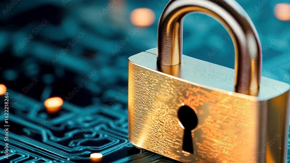 Aufkleber this captivating image features a golden padlock set against a digital circuit board background, sym