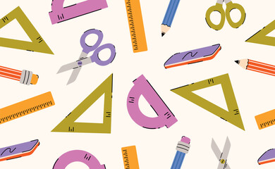 Hand drawn school stationery seamless pattern. Back to school background. Colorful children supplies, geometric elements, pencil, scissors, ruler for education, study, sticker, banner. Flat vector ill
