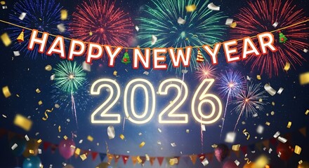 Festive New Year 2026 Celebration with Fireworks and Confetti Di