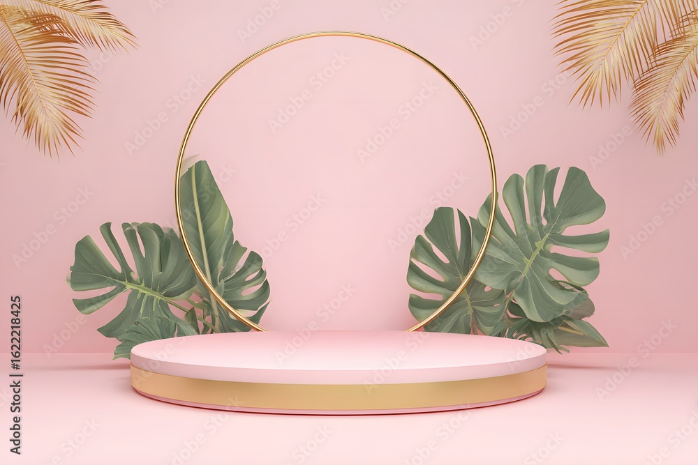 Poster 3d rendering of an empty podium with tropical leaves and a circular frame on a pink background for p