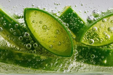 Aloe vera slices submerged in water with many air bubbles around. Showcasing natural remedies for skin care or healthy drink concepts.