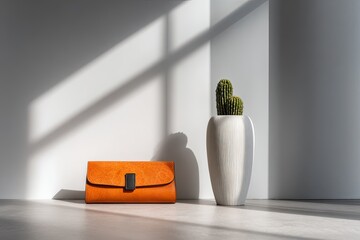 A light orange leather clutch rests on a gray floor beside a tall white vase with a small cactus. Sunlight casts shadows on the wall