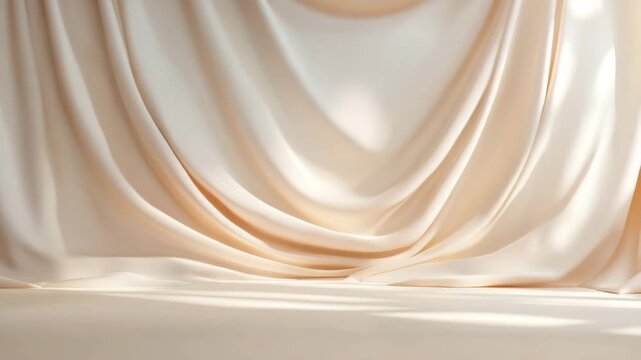 Soft beige fabric draped elegantly with smooth folds and gentle light creating calm and luxurious atmosphere background cloth curtain texture fold draped light fabric beige smooth background cloth