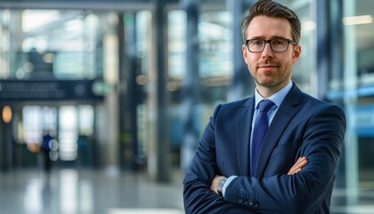 Fototapeta premium Confident Professional Man in Blue Suit and Glasses, Modern Corporate Office Lobby