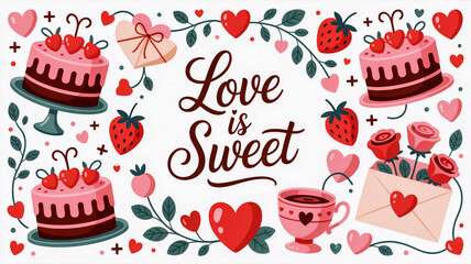Valentine s Day card with cakes strawberries roses and love is sweet text strawberry